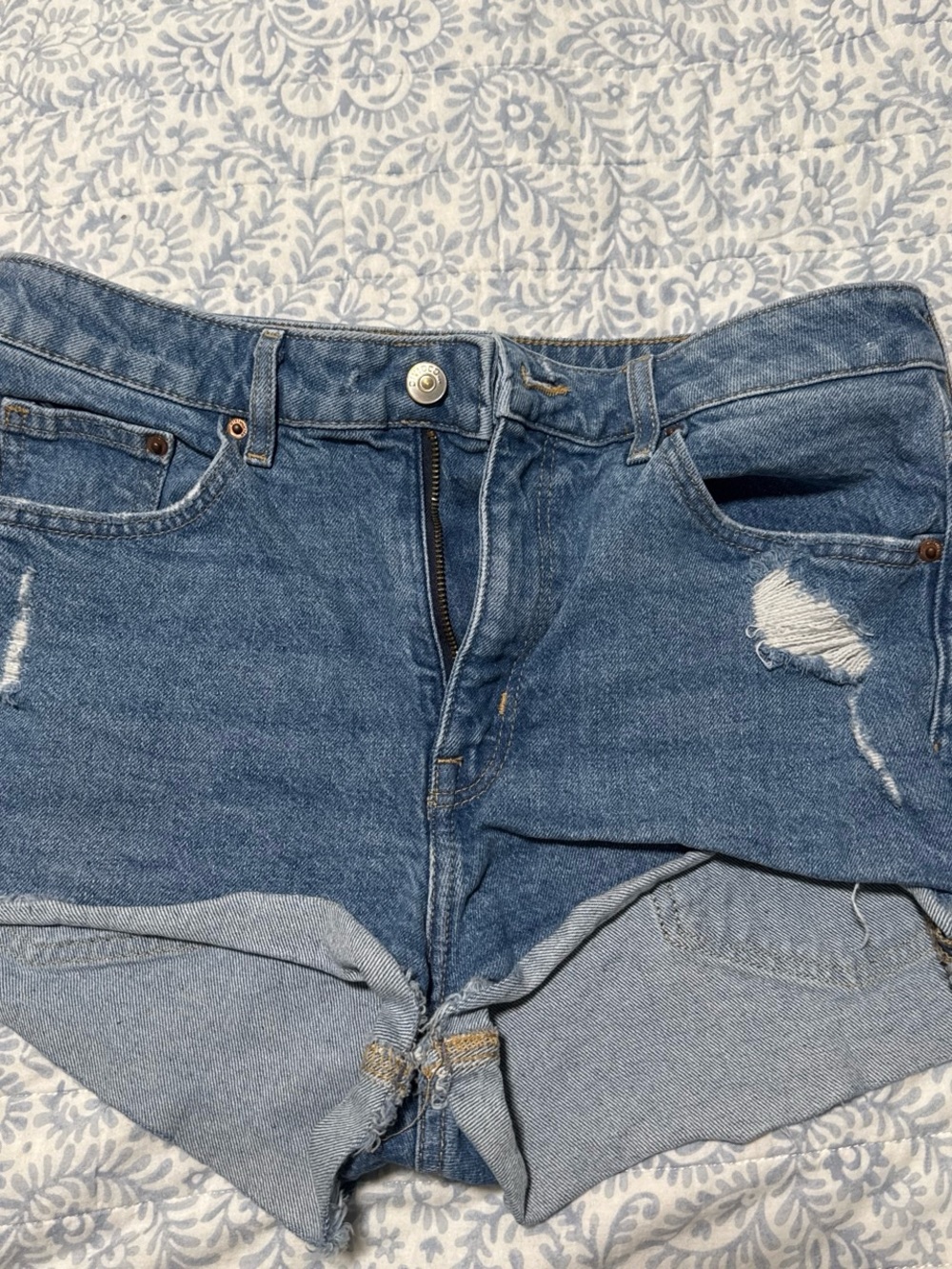 H&M Mid-Rise Distressed Blue Denim Shorts